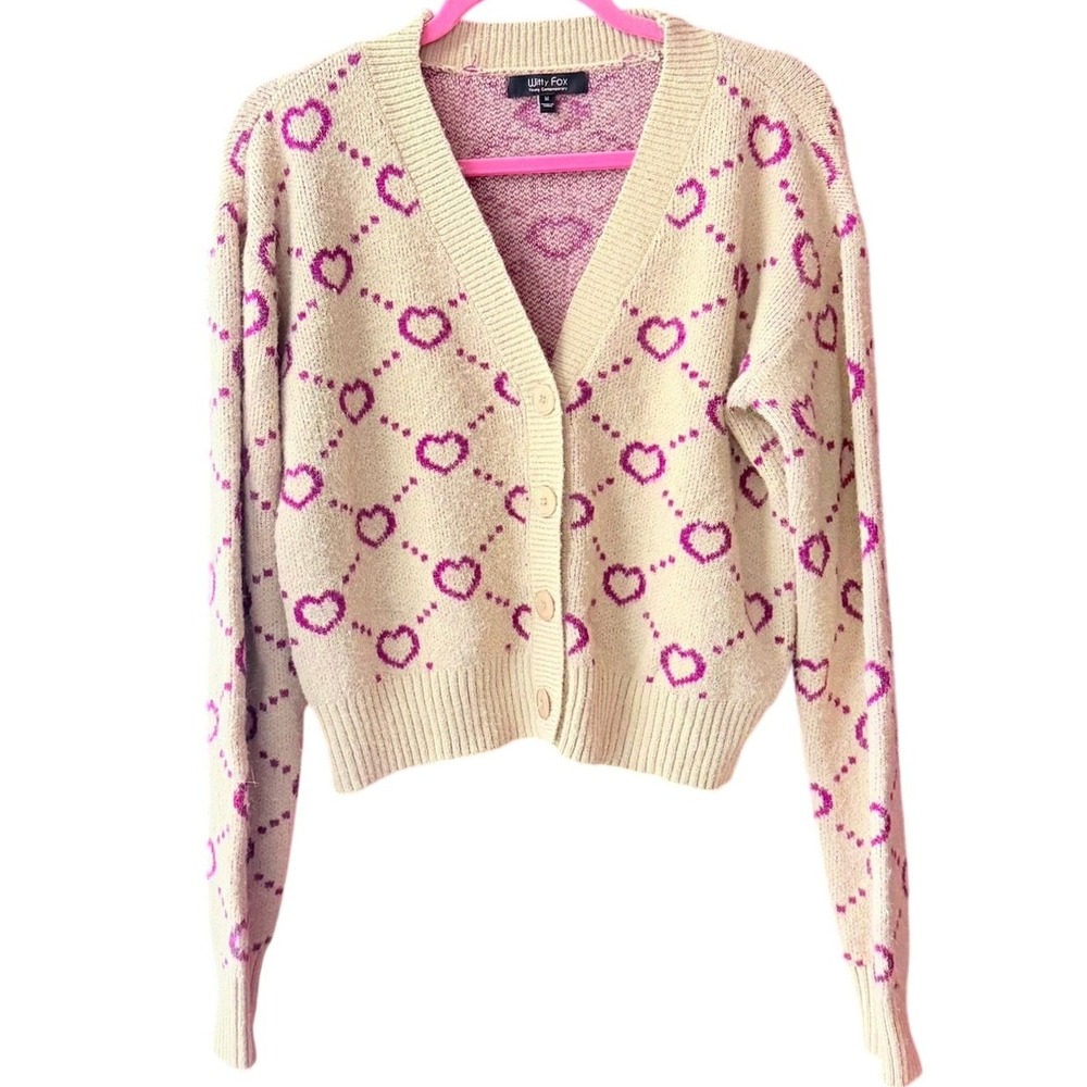 Witty Fox Pink Heart‎ Jacquard Knit Cardigan Sweater Tan V-Neck Womens Medium